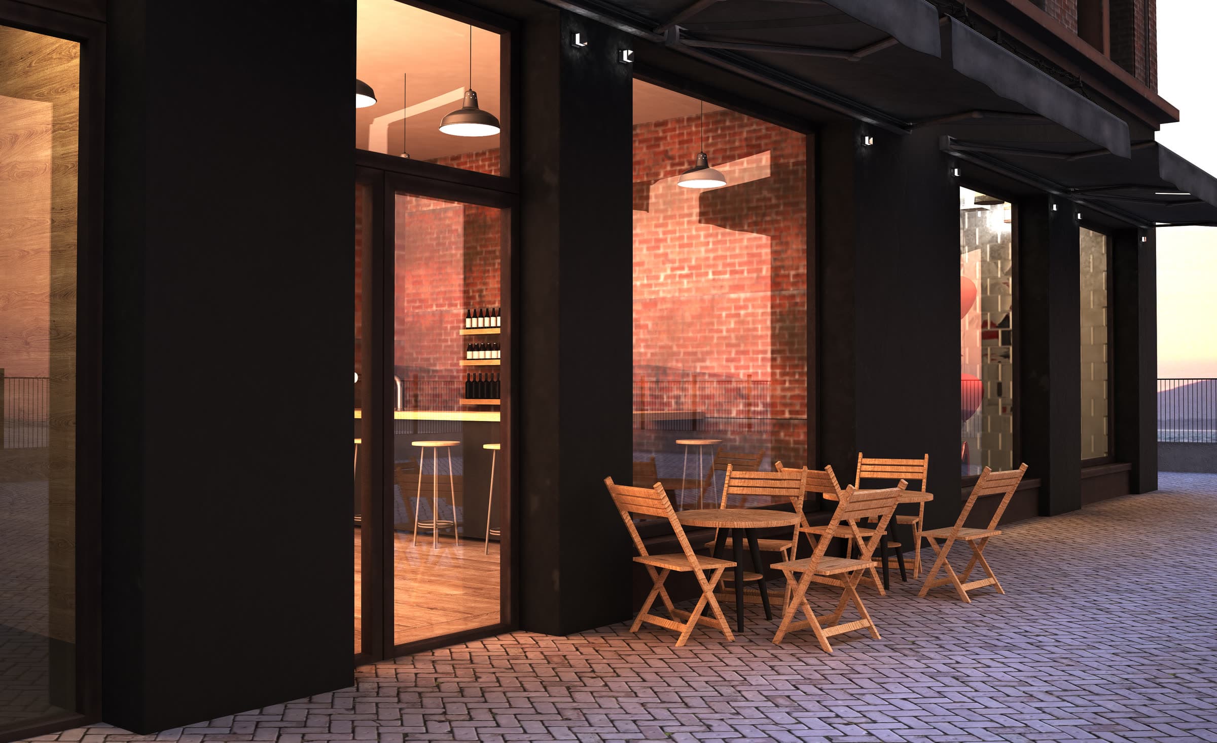 The storefront of a small U.S. cafe with sidewalk seating