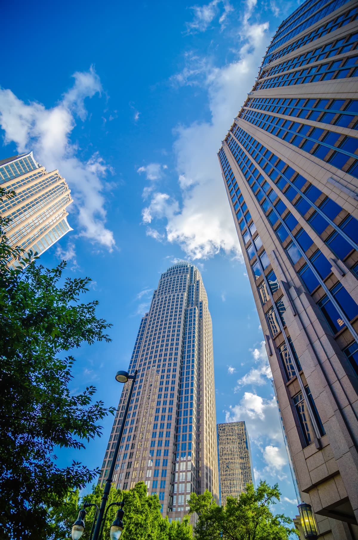 Looking up at downtown high-rise office towers