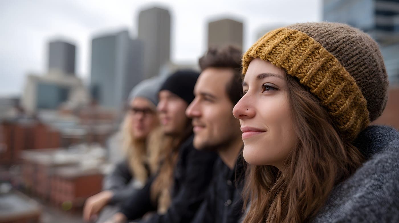 Four people on a rooftop looking out over a US city