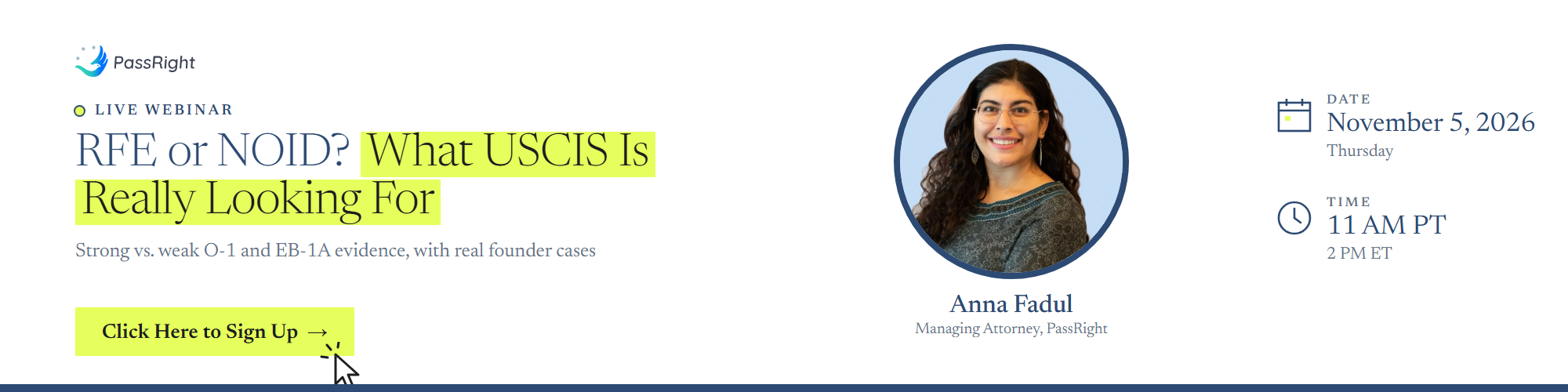 Live webinar: RFE or NOID? What USCIS Is Really Looking For. Strong vs. weak O-1 and EB-1A evidence, with real founder cases. With Anna Fadul, Managing Attorney, PassRight. Thursday, November 5, 2026, 11 AM PT / 2 PM ET. Click here to sign up.